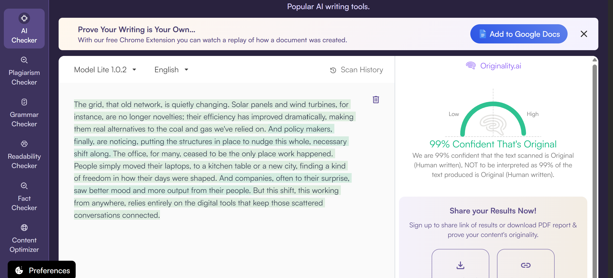 Originality.ai AI detection result
